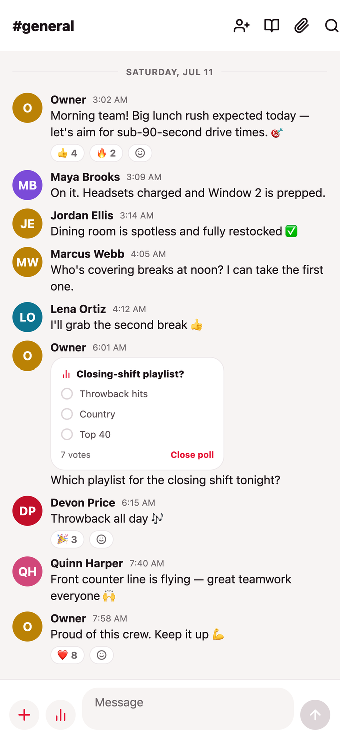 A #general channel with team messages, reactions, and a closing-shift playlist poll