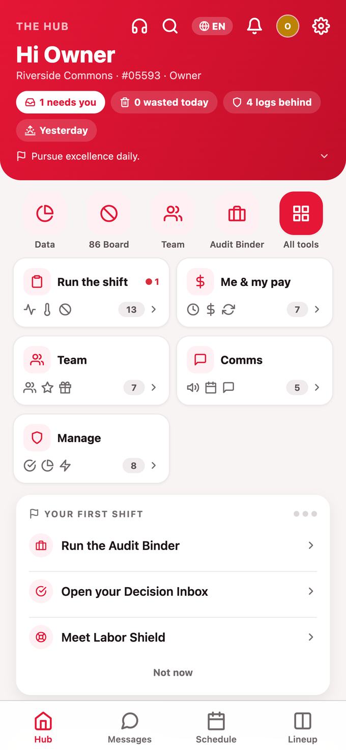 The FlowState QSR Hub on a phone: shift status chips, tool cards, and quick actions