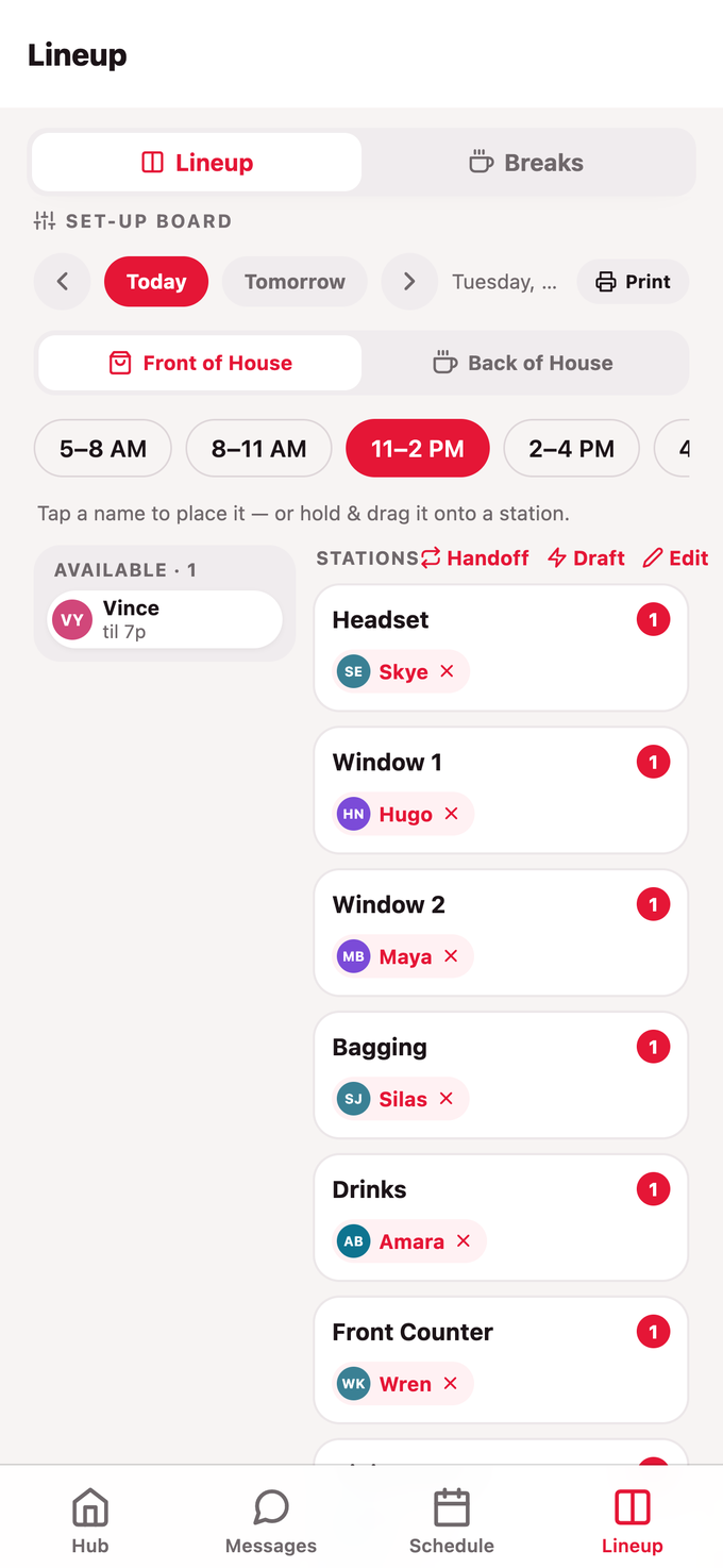 The Set-Up board with teammates placed on Headset, Window, Bagging, and Front Counter stations